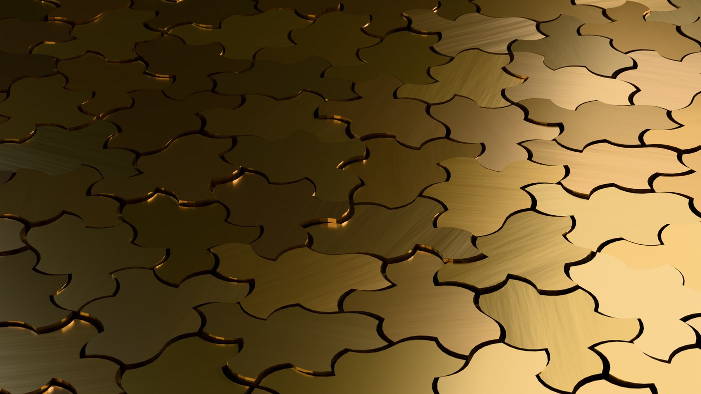Brass aperiodic monotile relief panel with beveled edges and dramatic lighting