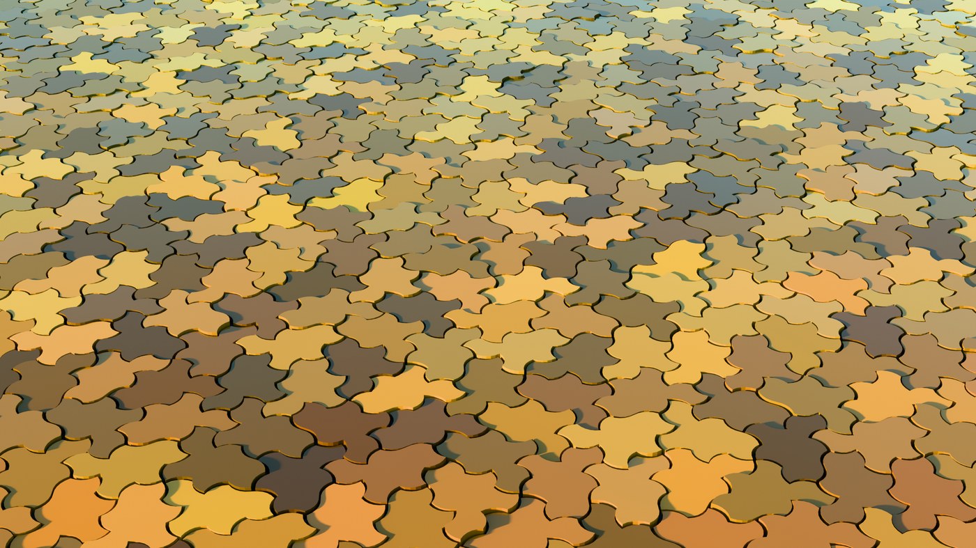 Aperiodic monotile floor at sunset with terracotta tones stretching to the horizon