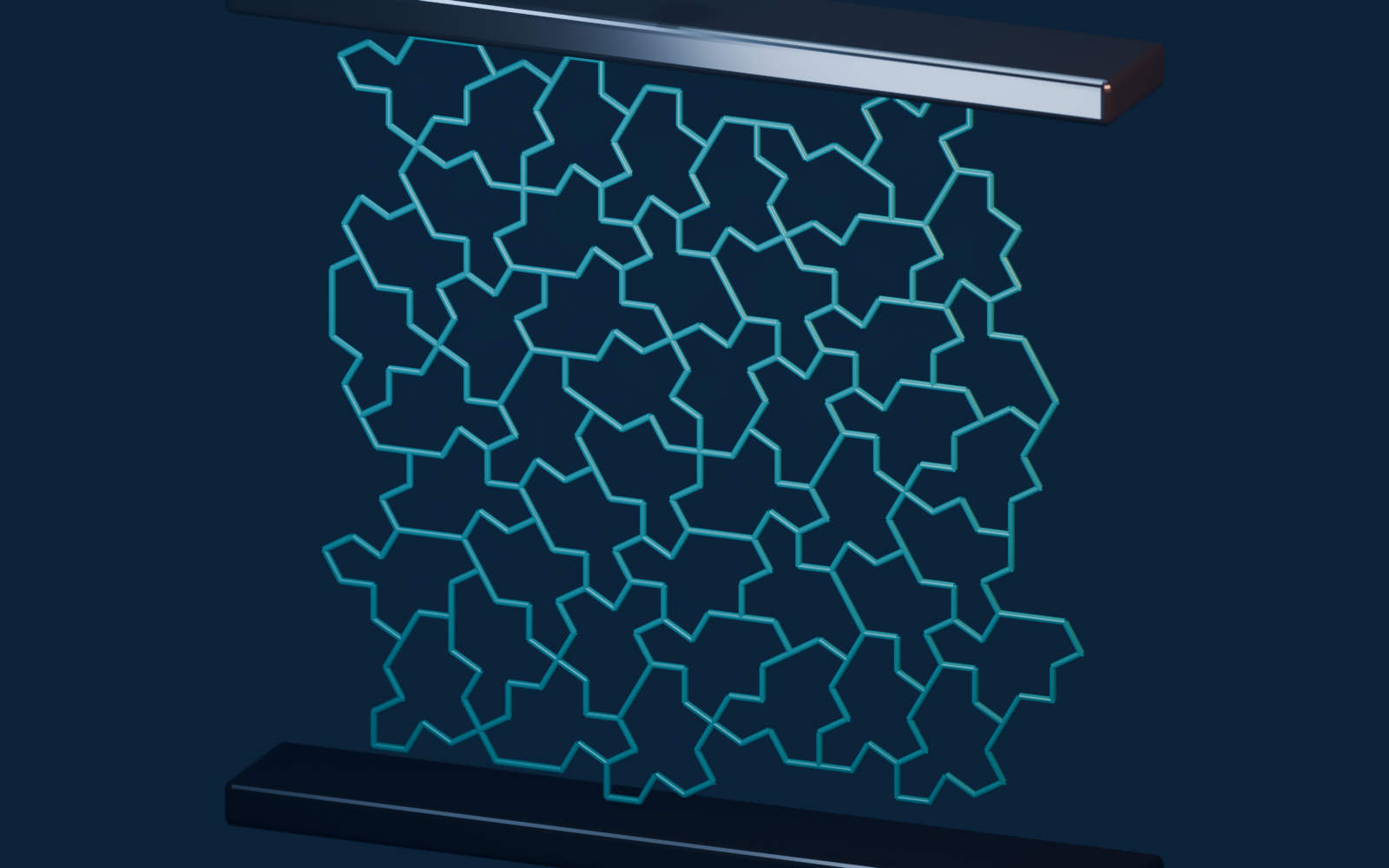 Original three-dimensional redraw of a finite monotile wall network compressed between rigid platens