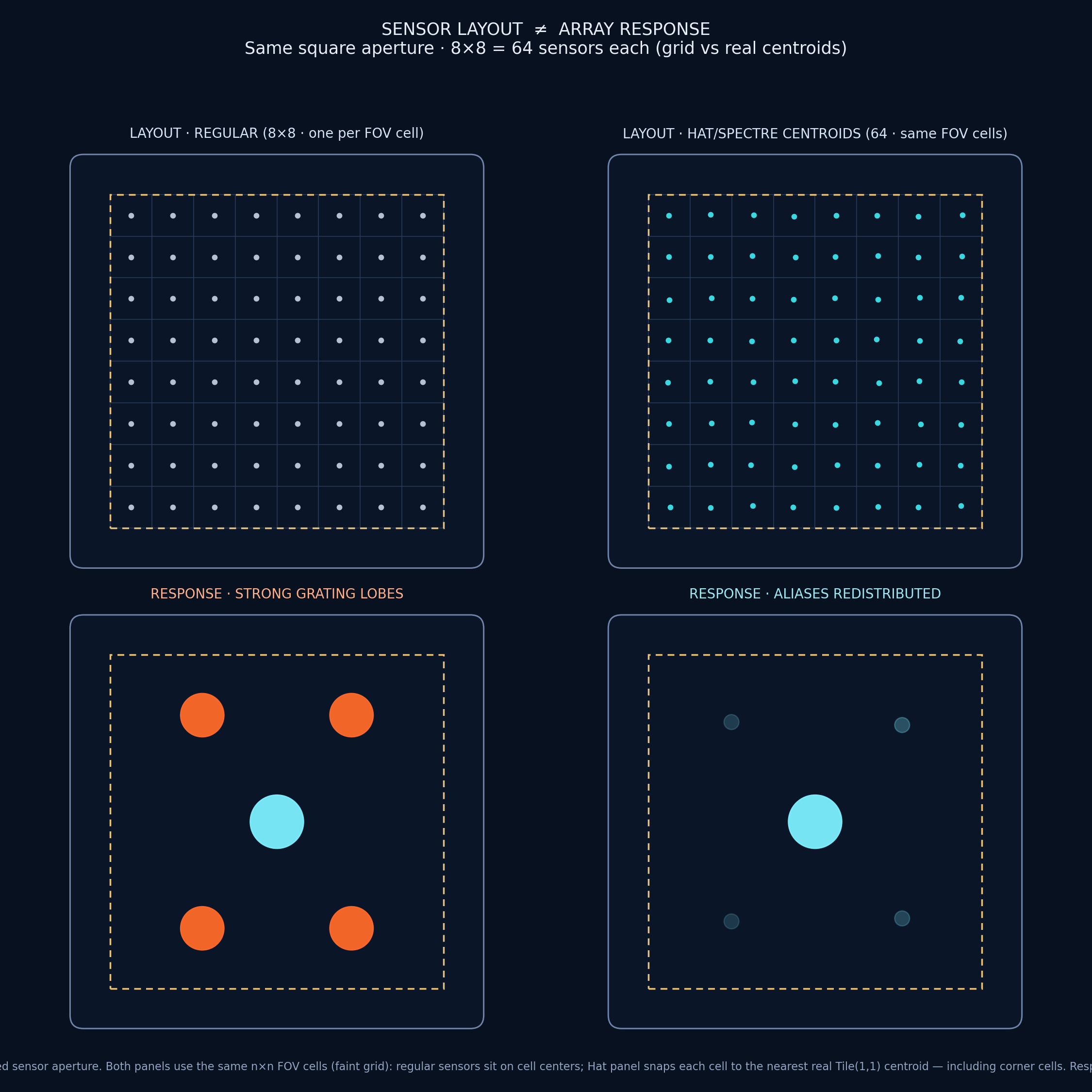 Same-square-aperture comparison of a filled regular sensor grid and real Hat/Spectre tile centroids with schematic array responses